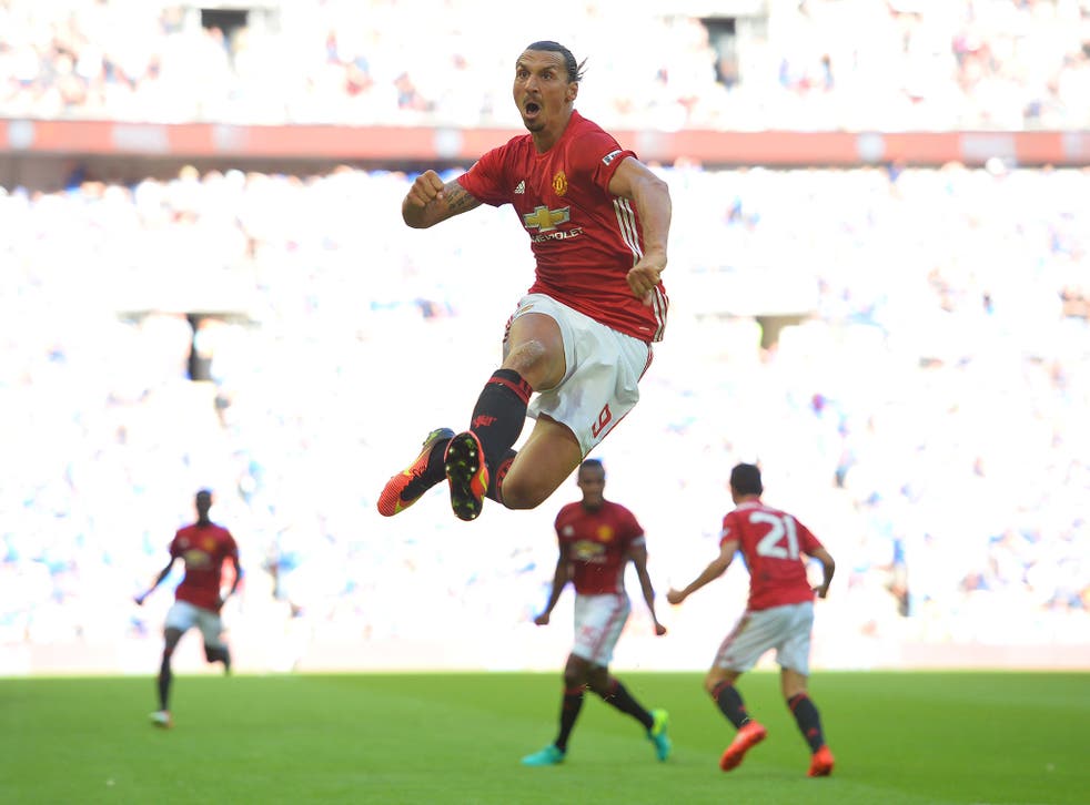 Zlatan Ibrahimovic celebrates after scoring the winning goal for Manchester United against Leicester City