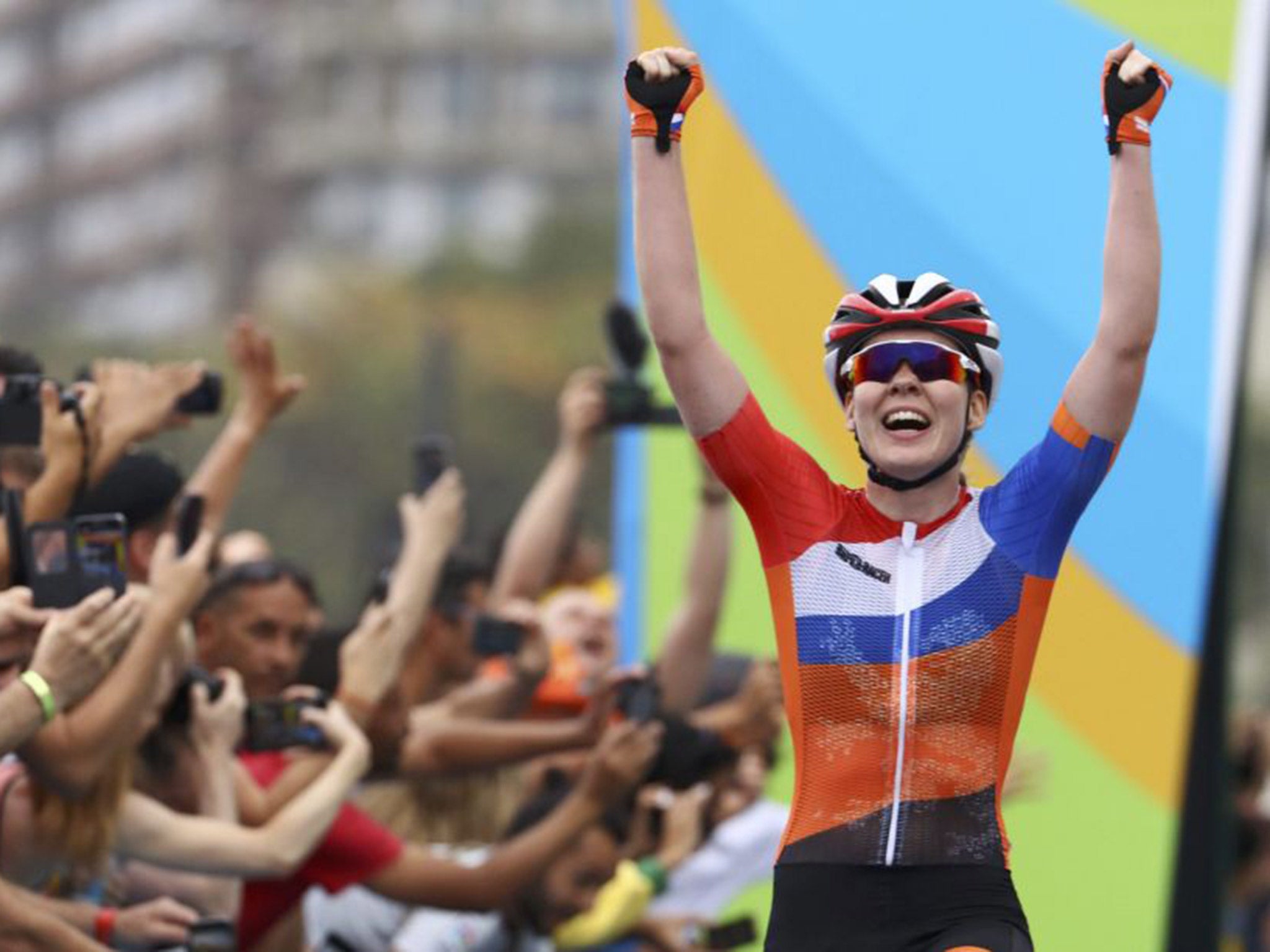 Anna van der Breggen celebrates winning gold in the women's road race