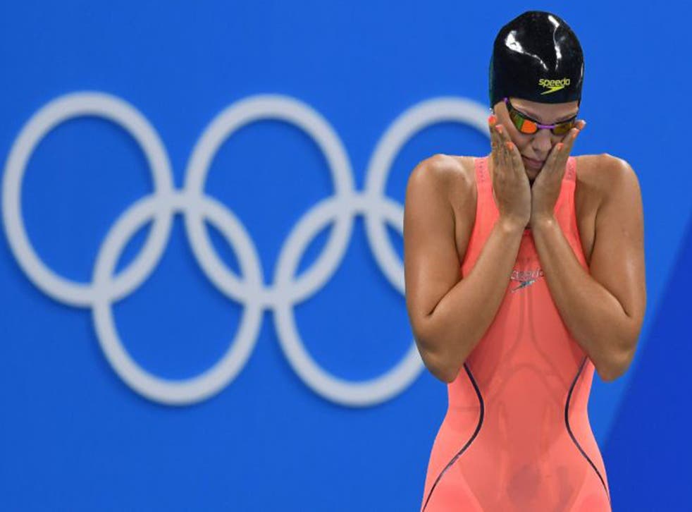 Yulia Efimova preparing to compete in the women's 100m Breaststroke semifinal at Olympic Aquatics Stadium in Rio