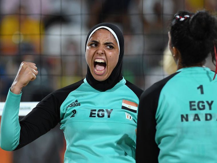 Doaa Elghobashy of Egypt reacts during the Women's Beach Volleyball (Getty Images )