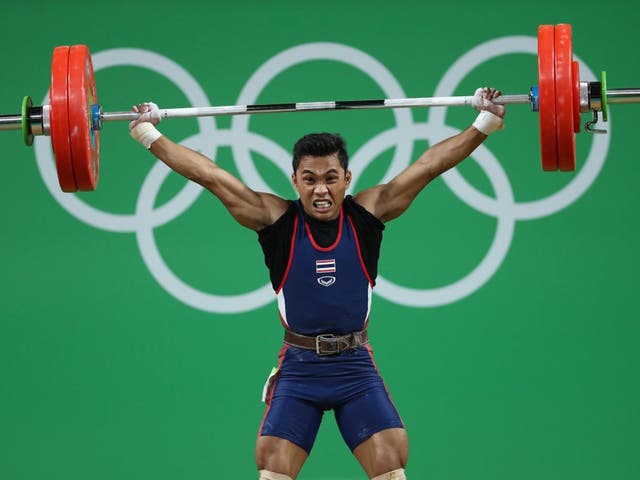 Sinphet Kruithong on his way to winning bronze in the men's 56kg weightlifting
