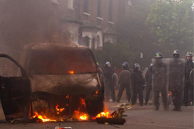 Riot police in Goulton Road, Hackney, east London five years ago