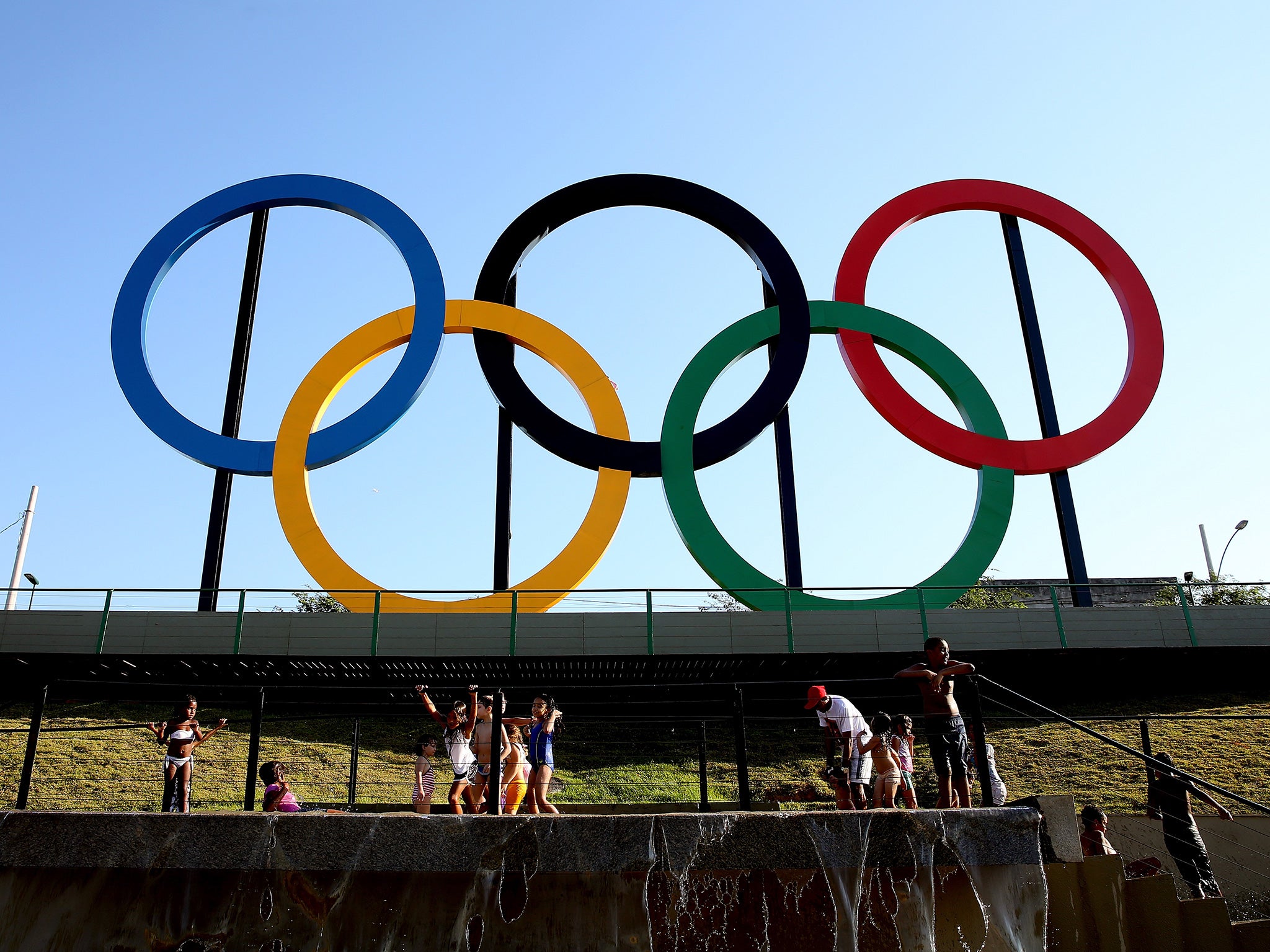 The Olympic Rings rise above Madureira Park, Rio de Janeiro