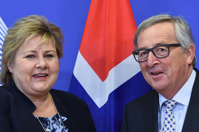 Norway's Prime Minister Erna Solberg and European Commission President Jean-Claude von Juncker