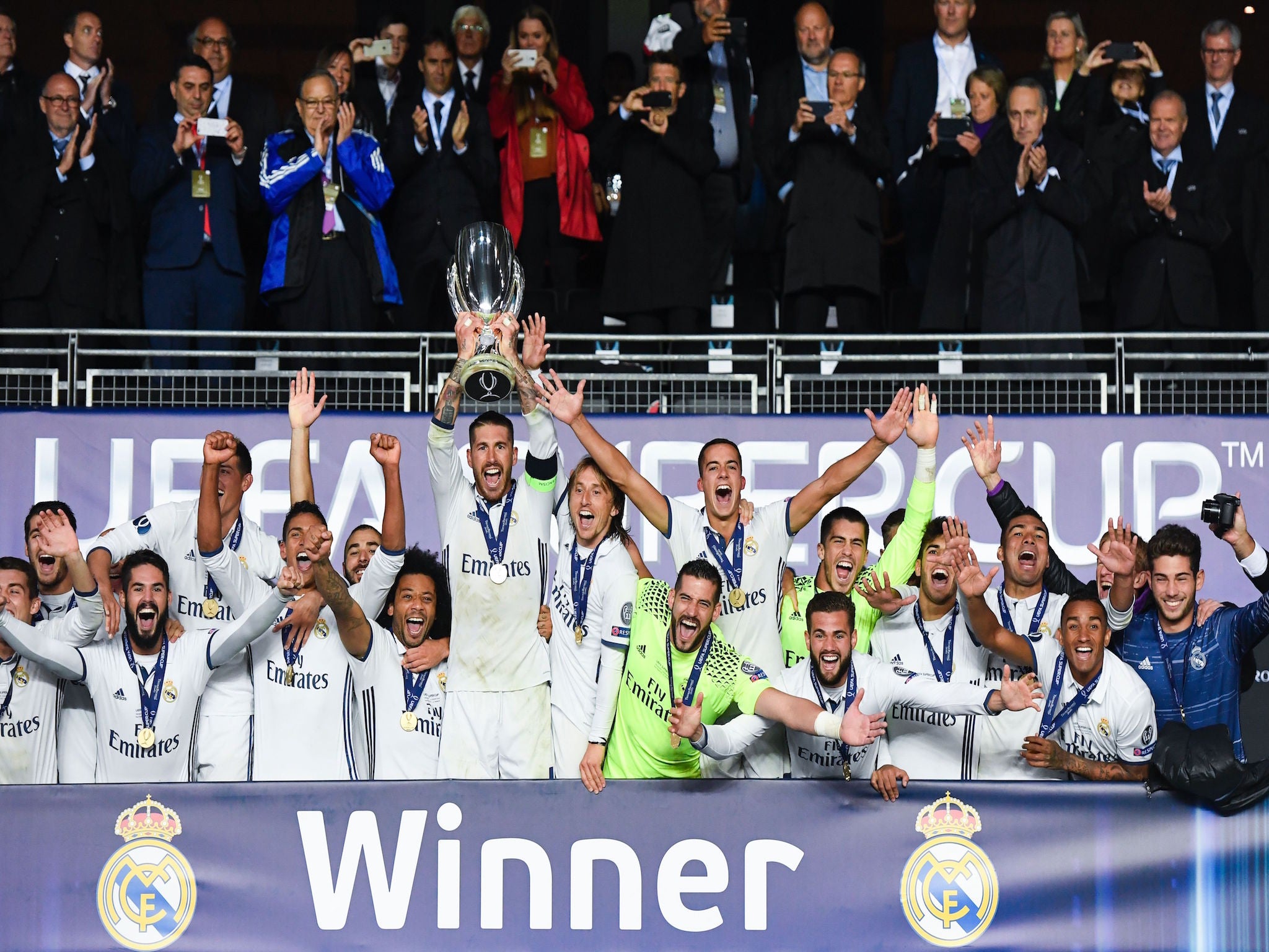 Sergio Ramos lifts the Super Cup aloft