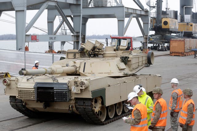 <p>An Abrams main battle tank, for U.S. troops deployed in the Baltics as part of Nato's Operation Atlantic Resolve, leaves Riga port</p>