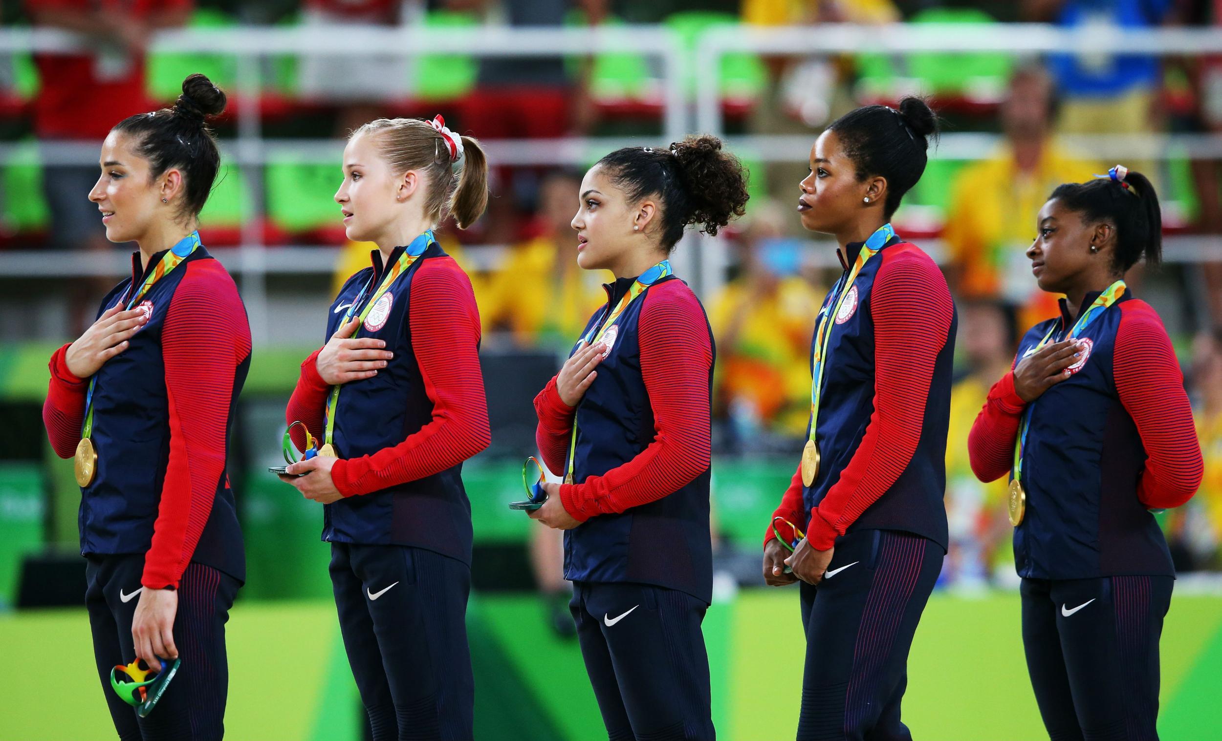 The USA gymnastics team after receiving their gold medals