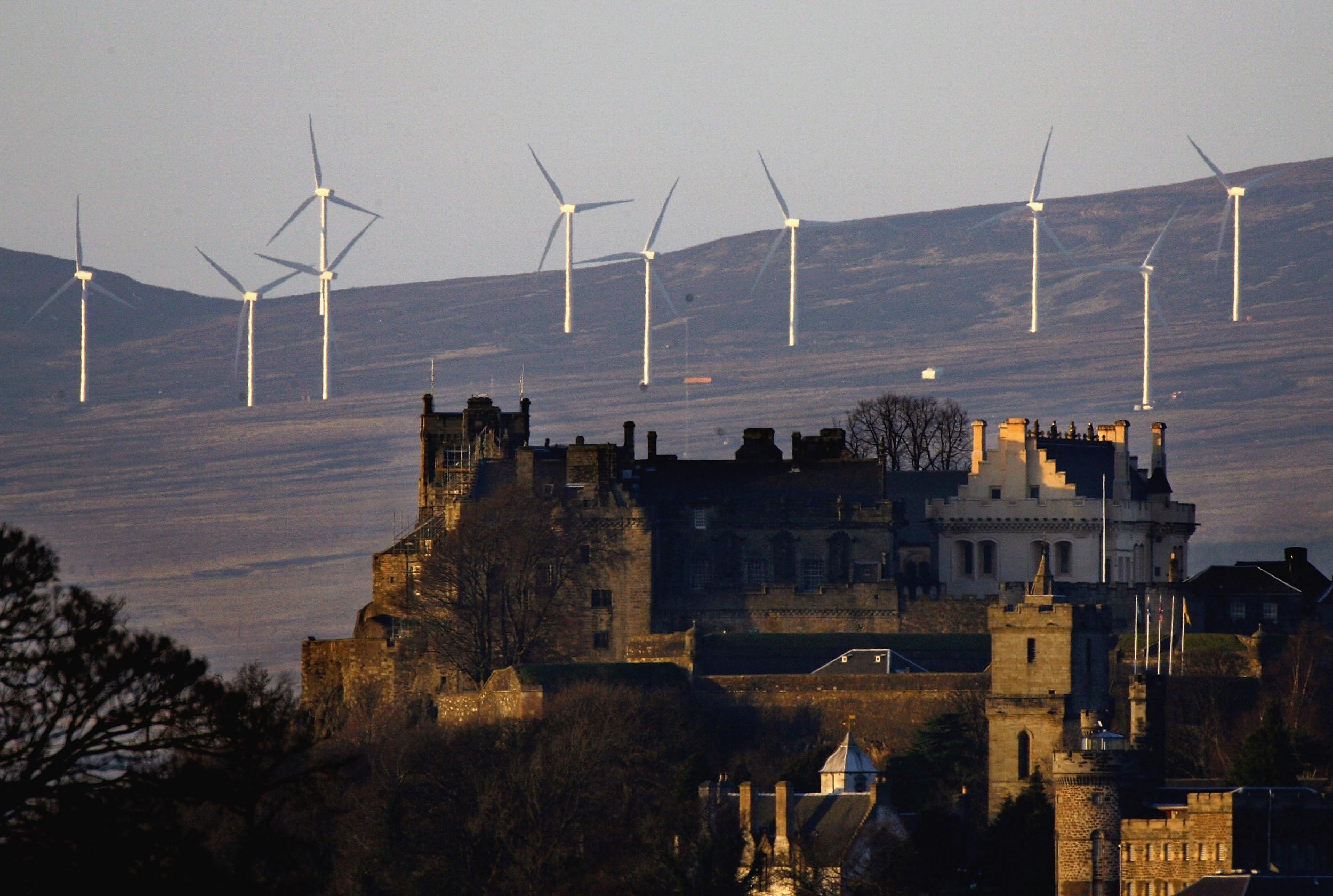 Wind turbines on hills behind Stirling Castle