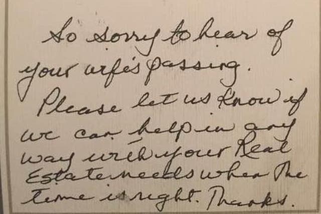 The handwritten note found by Launi Smith Bowie in her father's rubbish bin soon after he was widowed
