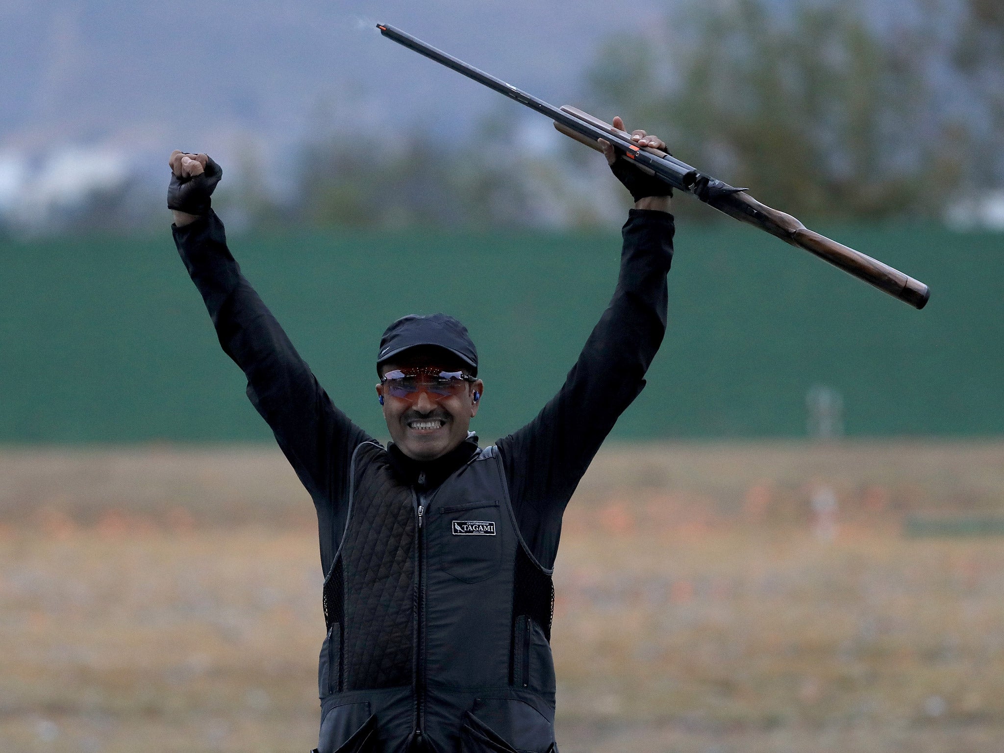 Fehaid Al Deehani reacts to winning the Double Trap event