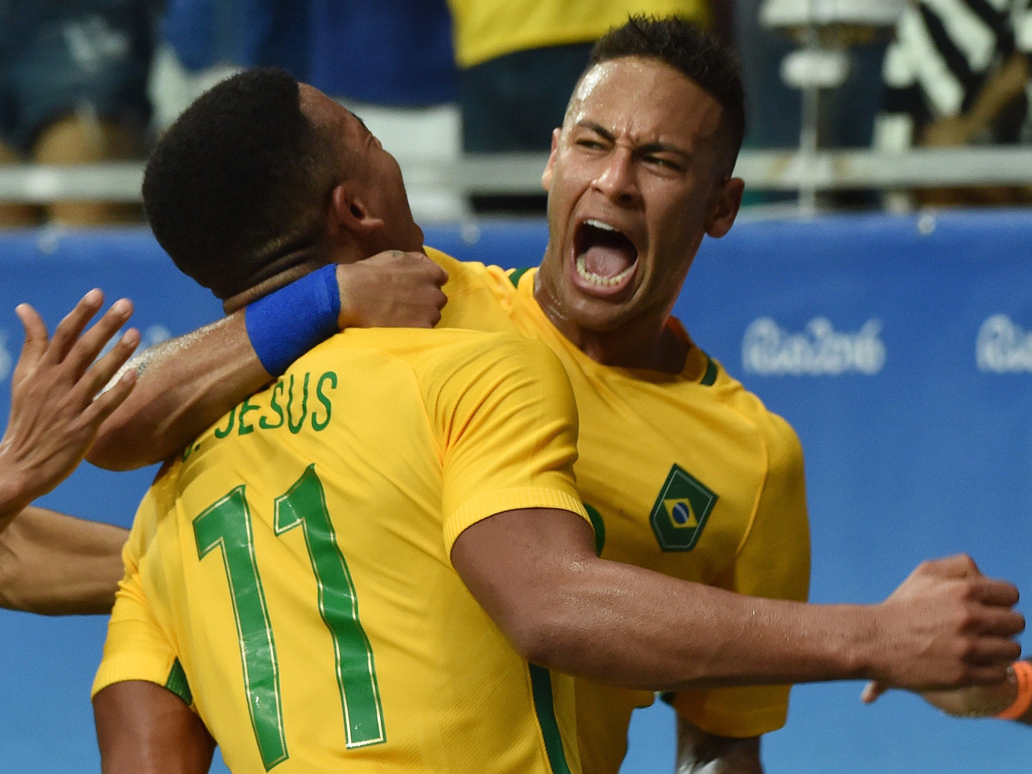 Neymar celebrates after scoring for Brazil against Denmark at the Olympics