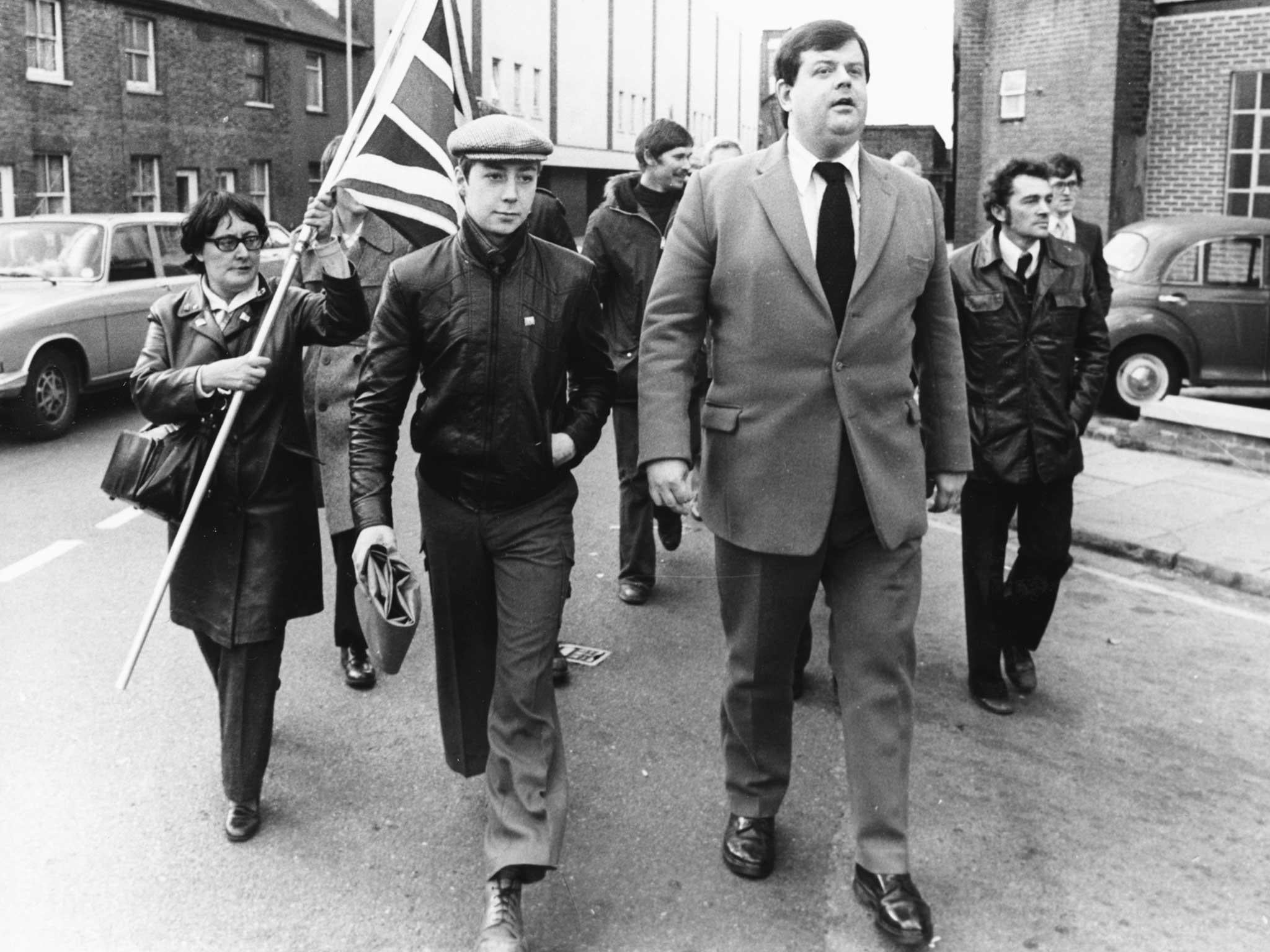 National Front leader Martin Webster leaving Kingston Crown Court with his followers, where he was given a suspended sentence for publishing material likely to incite racial hatred, 1979