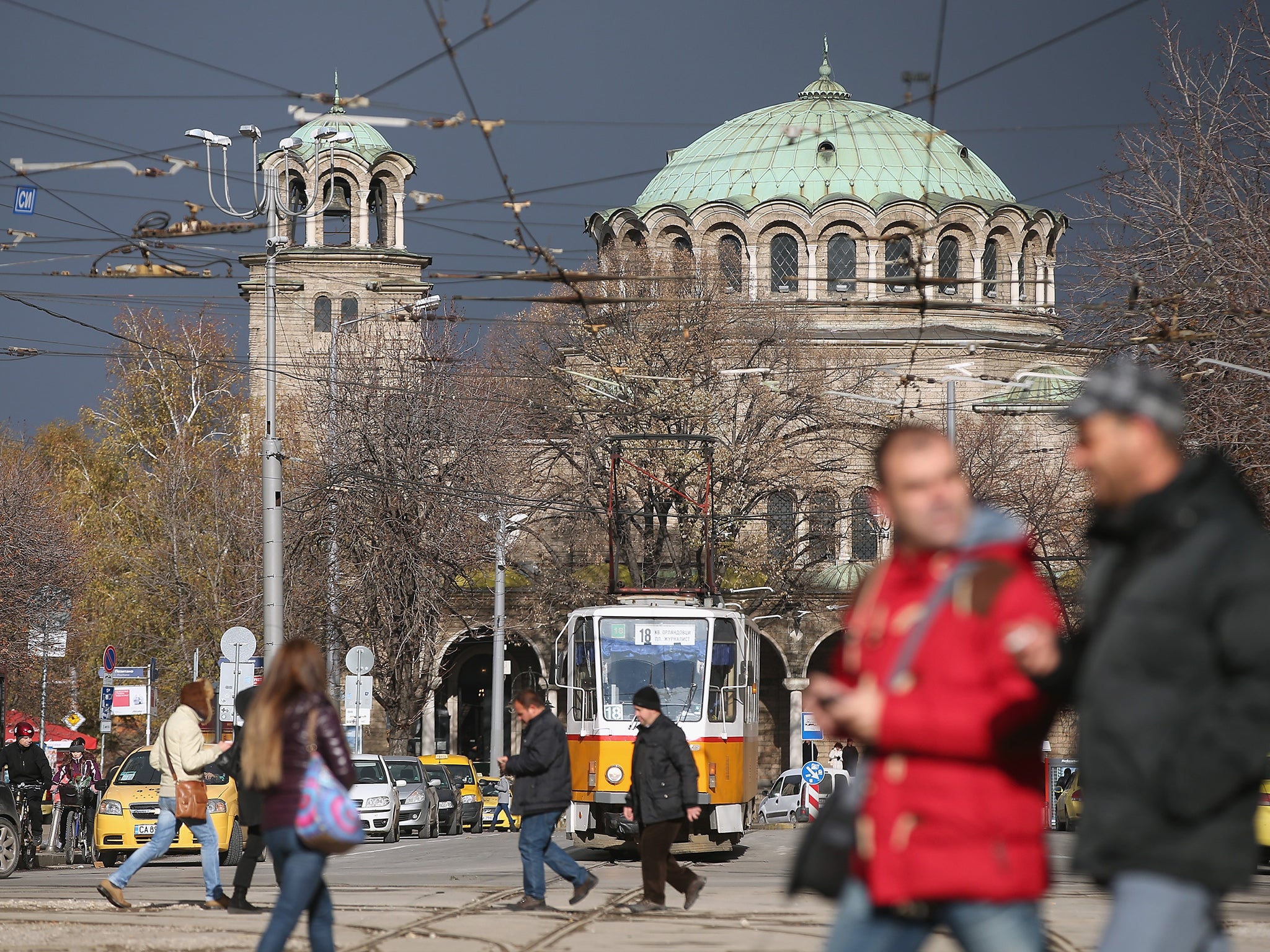 Vitosha Boulevard and the St Nedelya Eastern Orthodox church in Sofia, Bulgaria