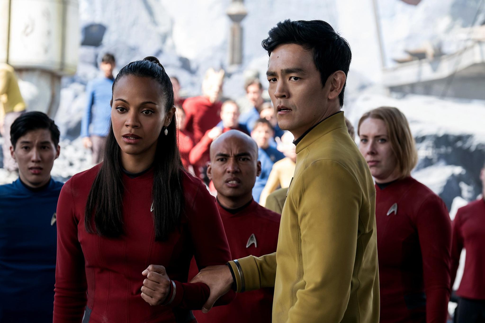 Zoe Saldana as Uhura and John Cho as Sulu in a scene from 2016’s ‘Star Trek Beyond’