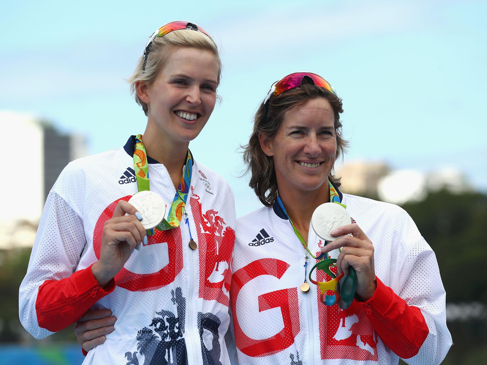 Great Britain's Victoria Thornley (left) and Katherine Grainger (right) pose with their silver medals after finishing second in the Women's Double Sculls Final A