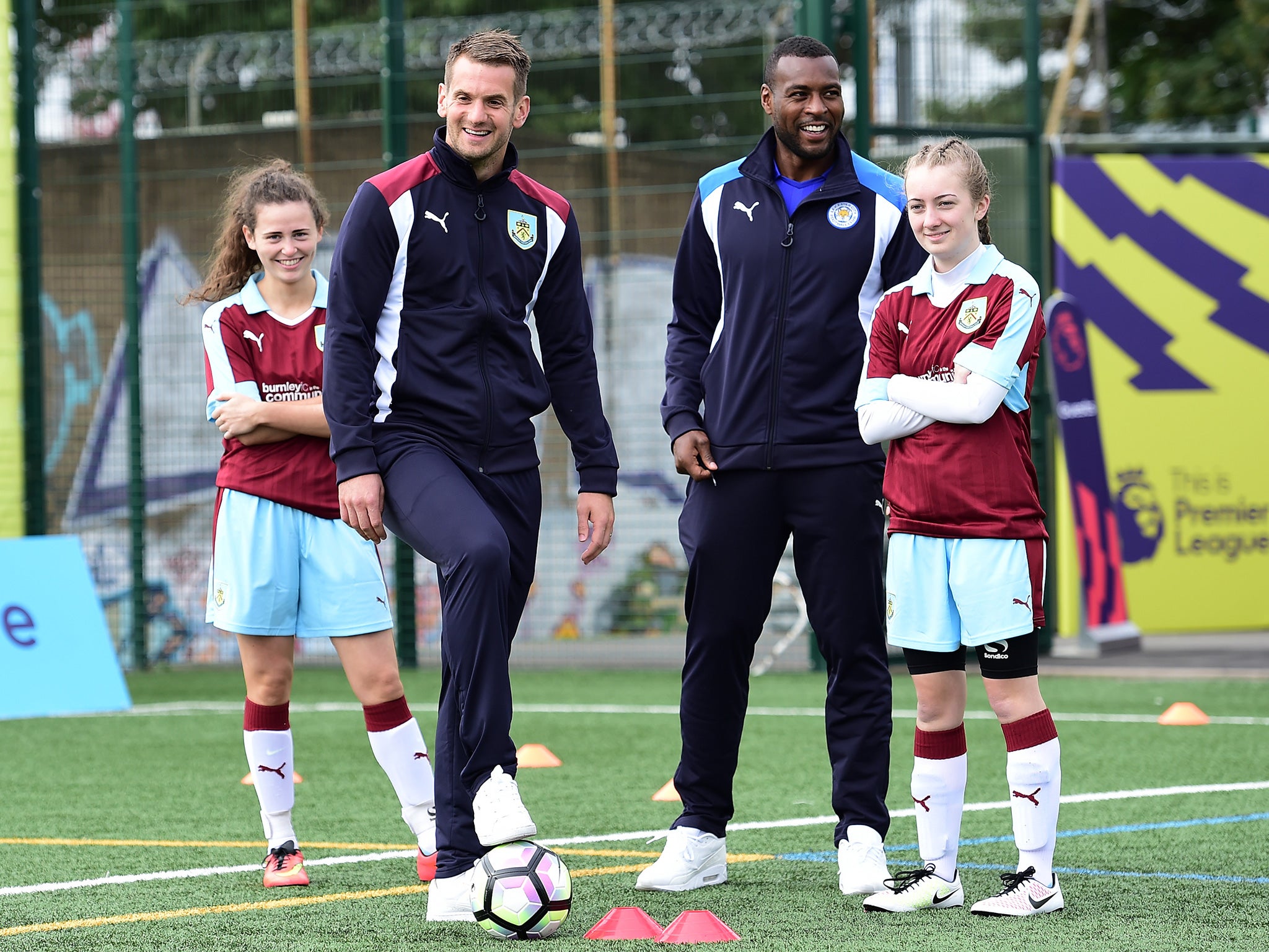 Heaton with one of the new balls and Leicester City's Wes Morgan