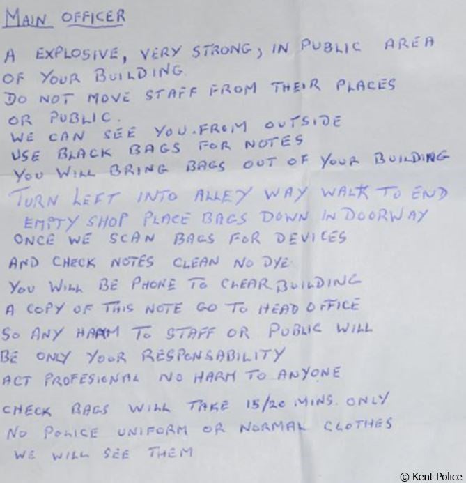 Esqulant's handwritten note to bank staff
