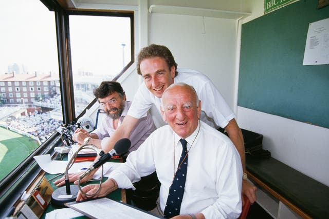 From left to right, sports commentators Bill Frindall, Jonathan Agnew and Brian Johnston at the Oval in 1991, during the fifth test match between England and the West Indies