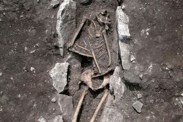 The skeleton of a teenager excavated at Mount Lykaion in the southern Peloponnese region of Greece, from the 11th century BC