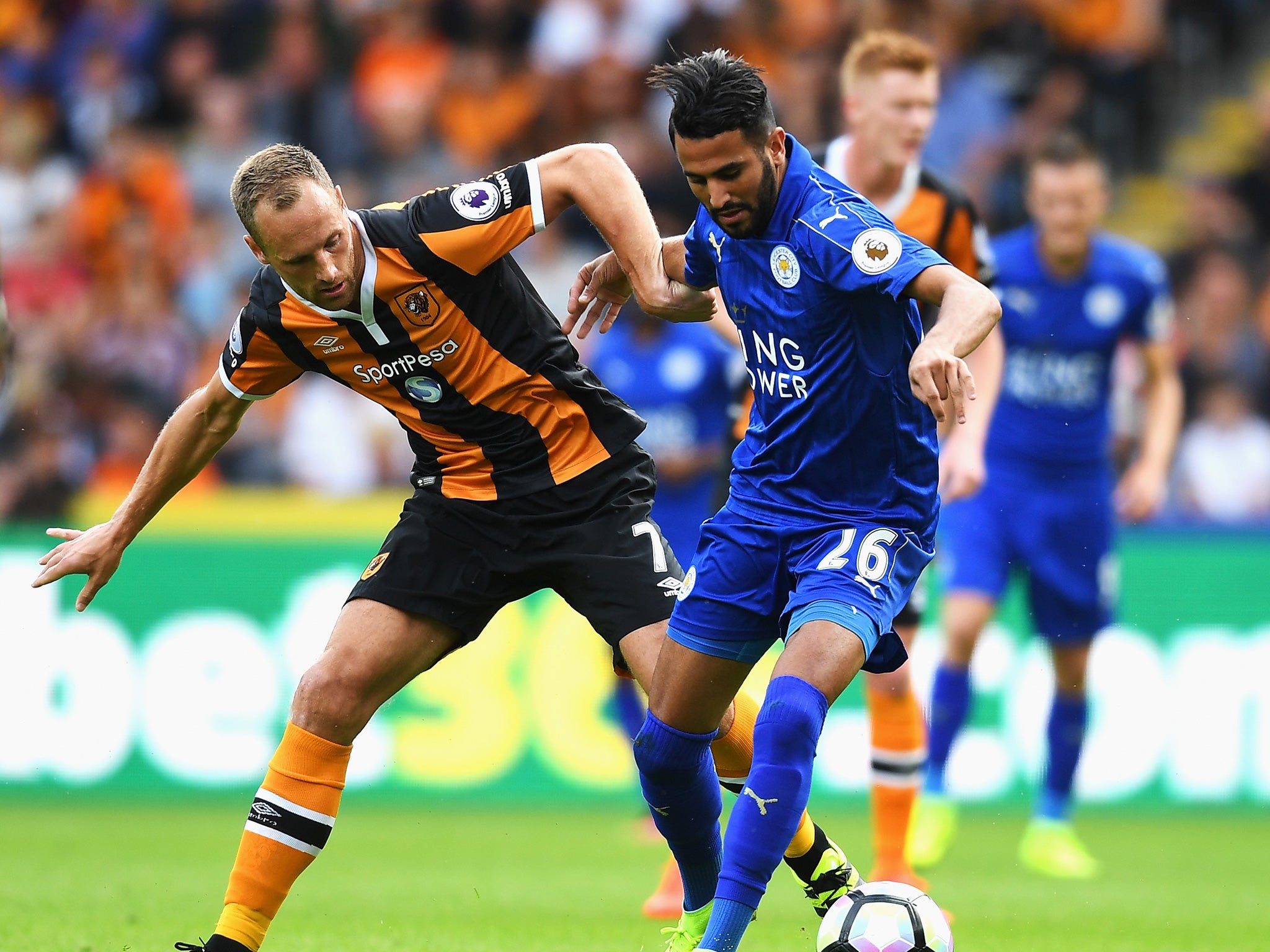 David Meyler and Riyad Mahrez battle for the ball during Leicester's defeat by Hull City