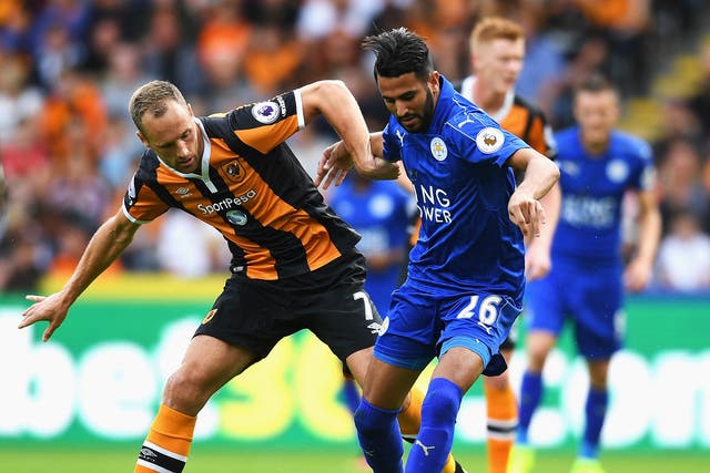 David Meyler and Riyad Mahrez battle for the ball during Leicester's defeat by Hull City