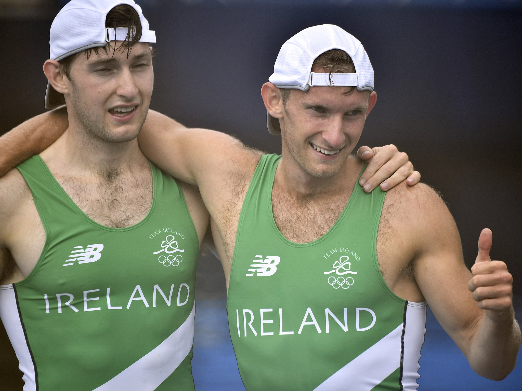 Gary O'Donovan gives the thumbs up alongside his brother Paul after claiming silver in the men's lightweight double sculls
