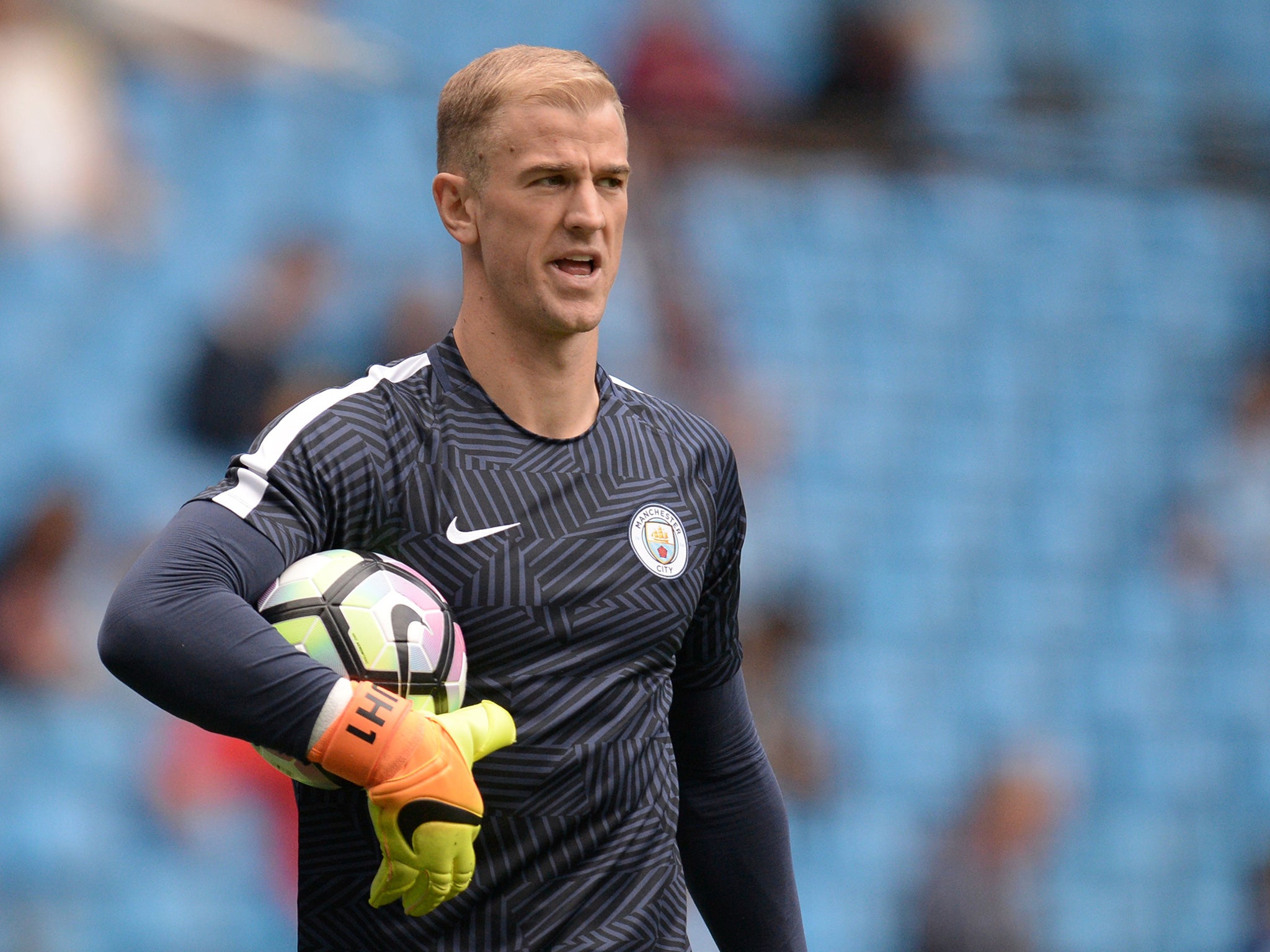 Hart during the warm-up before City's opener against Sunderland