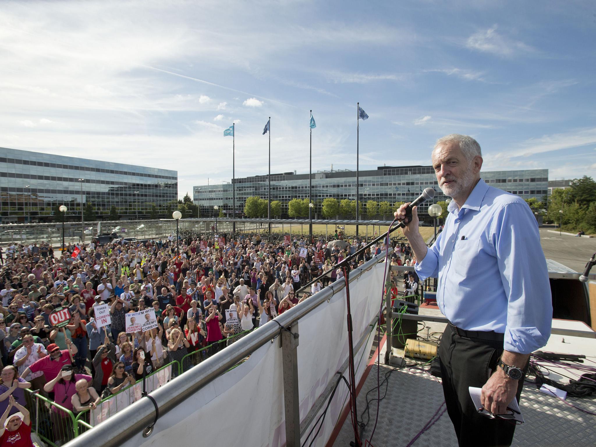 The Labour leader speaks on top of a fire engine in Milton Keynes on Saturday