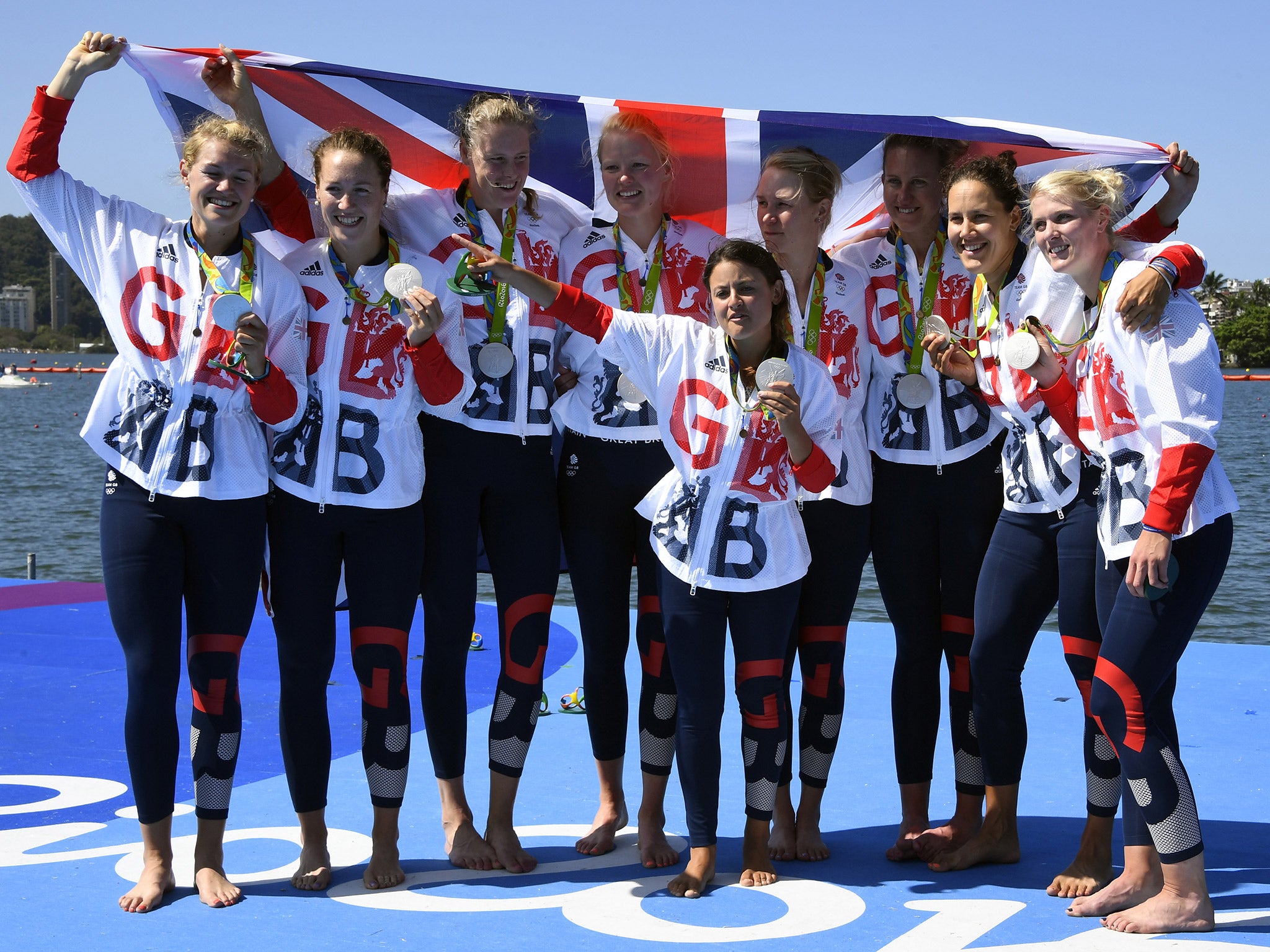 Team GB's women's eight celebrate taking silver