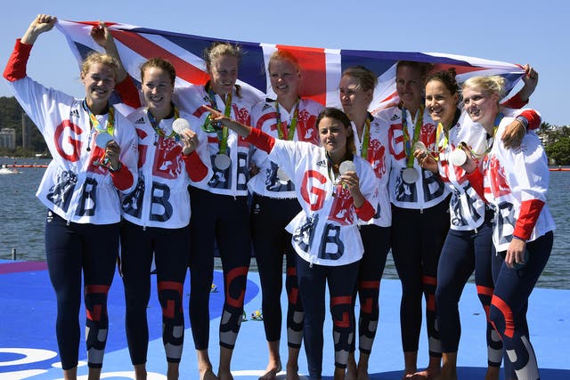 Team GB's women's eight celebrate taking silver
