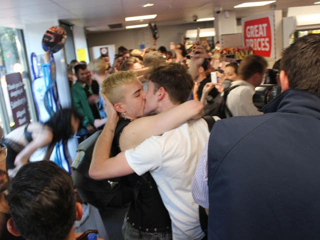 Protesters at Sainsbury's this year stage a 'Big Gay Kiss-In' to draw attention to LGBT rights