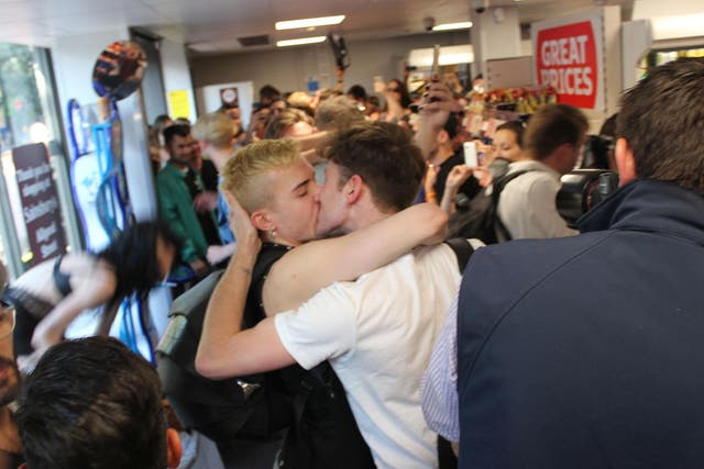 Protesters at Sainsbury's this year stage a 'Big Gay Kiss-In' to draw attention to LGBT rights
