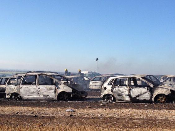 Scores of cars were destroyed in the blaze