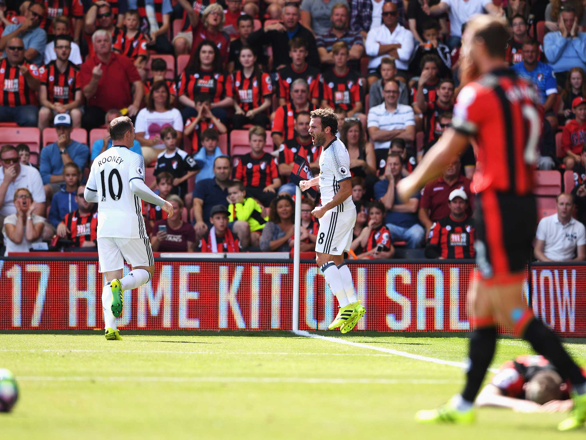 Juan Mata celebrates putting Manchester United ahead at Bournemouth