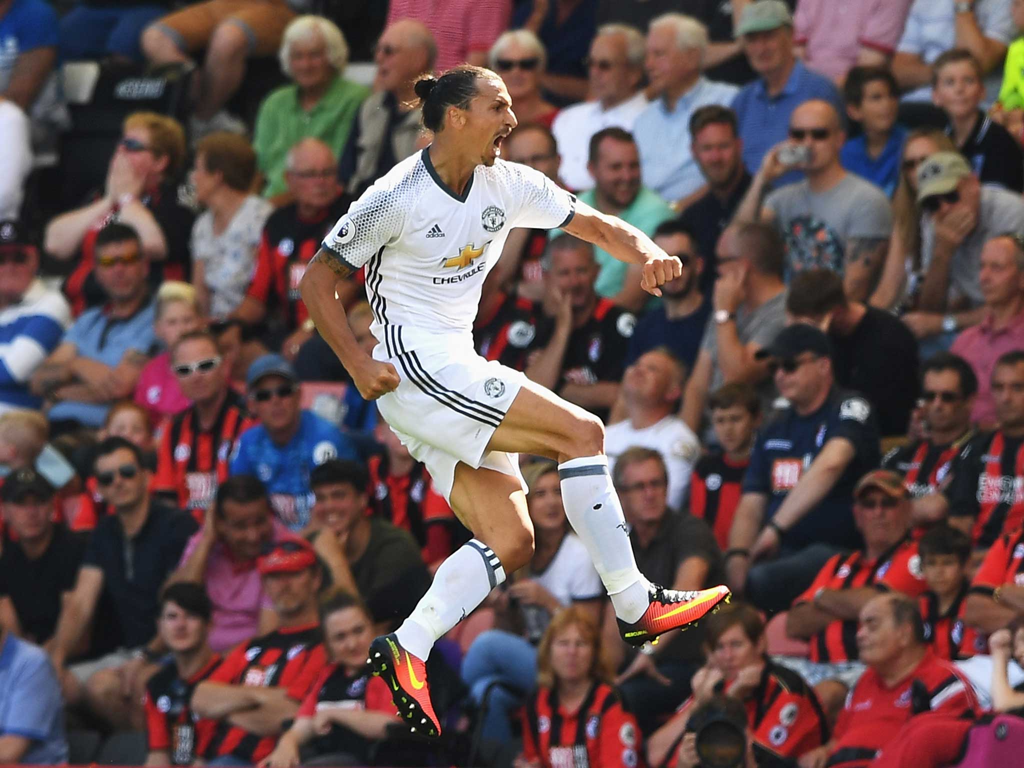 Zlatan Ibrahimovic celebrates his first Premier League goal for Manchester United
