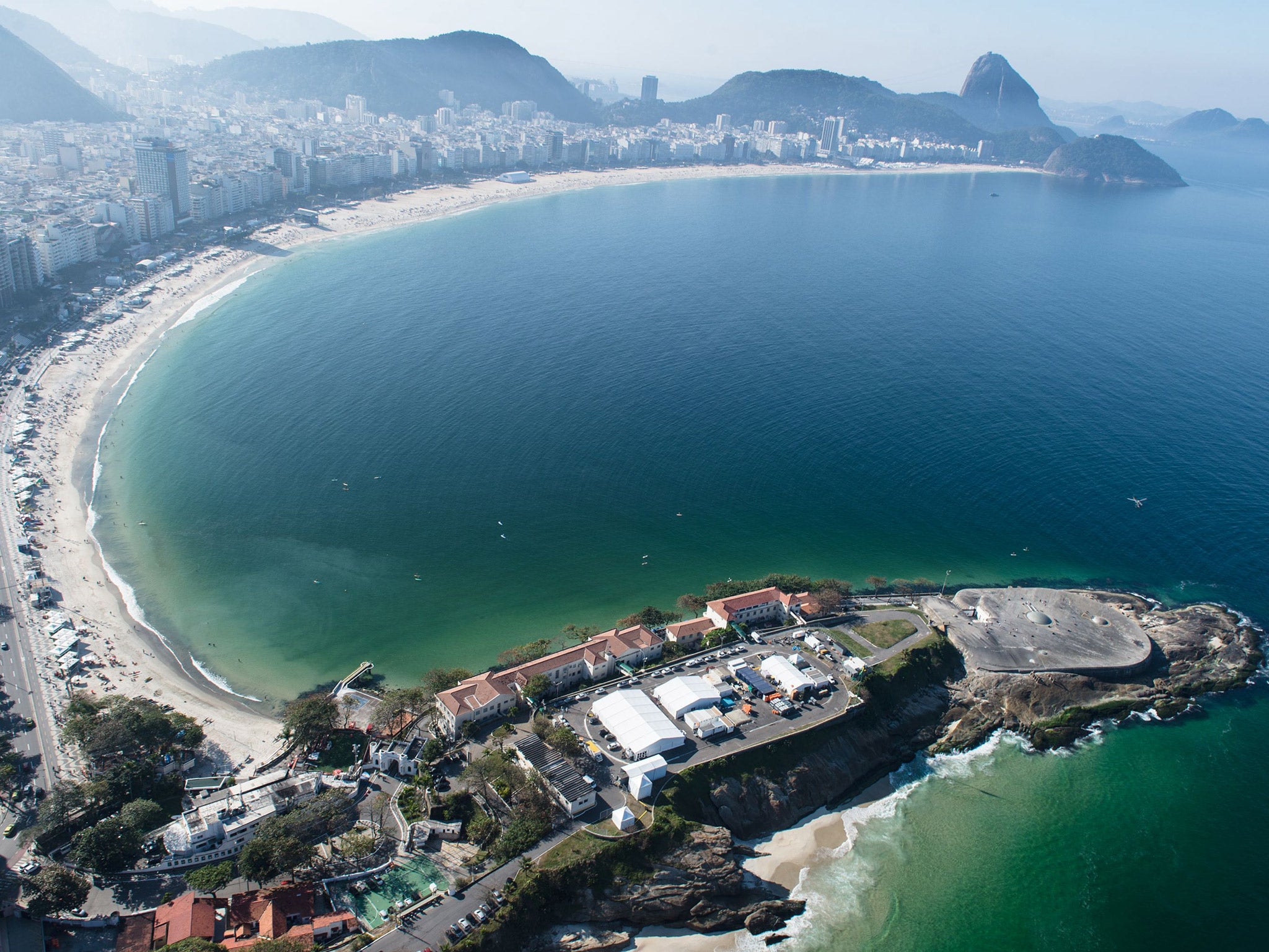 An overhead view of Fort Copacabana where the Olympic marathon swim will take place