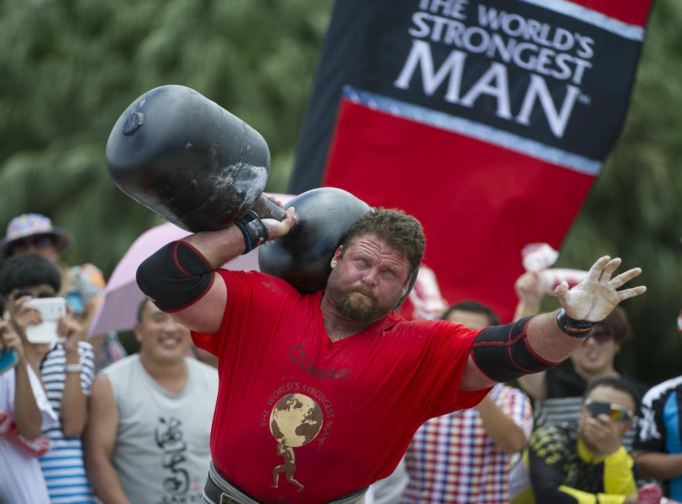 Mike Burke of USA competes at the Circus Medley event during the World's Strongest Man competition at Yalong Bay Cultural Square on August 24, 2013 in Hainan Island, China