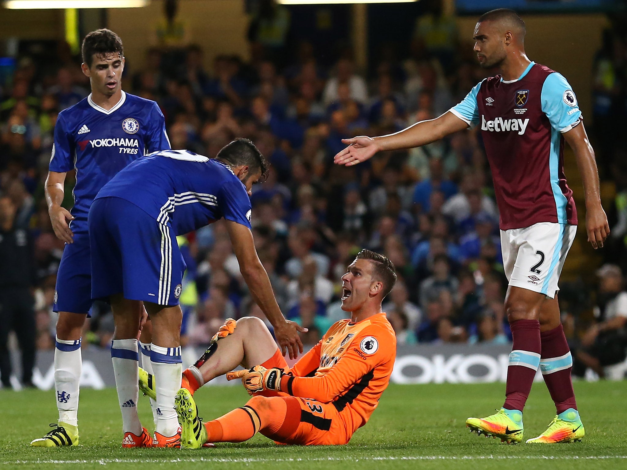 Adrian remonstrates with Diego Costa after his foul