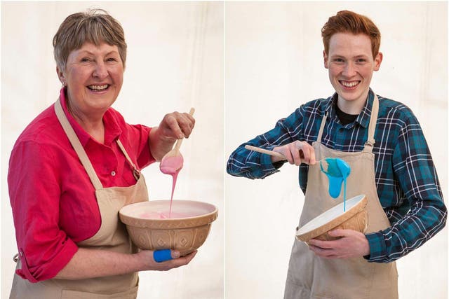 Female bakers were given pink icing to whisk and male bakers blue icing in the new promo shots