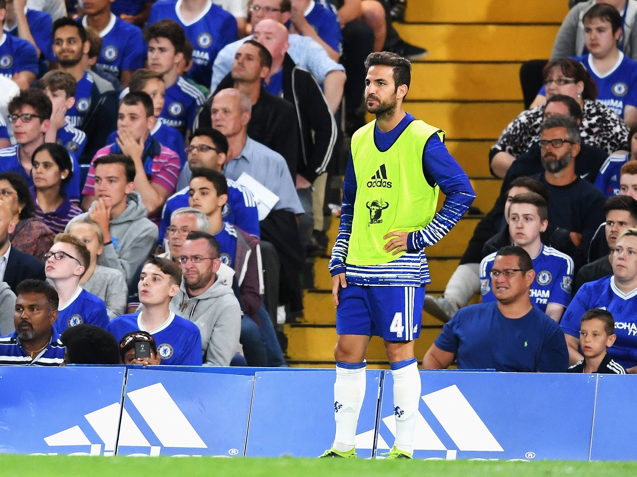 Cesc Fabregas watches from the side-line