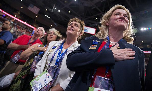 Ms Long (right) pledging her allegiance to Donald Trump at the Republican convention