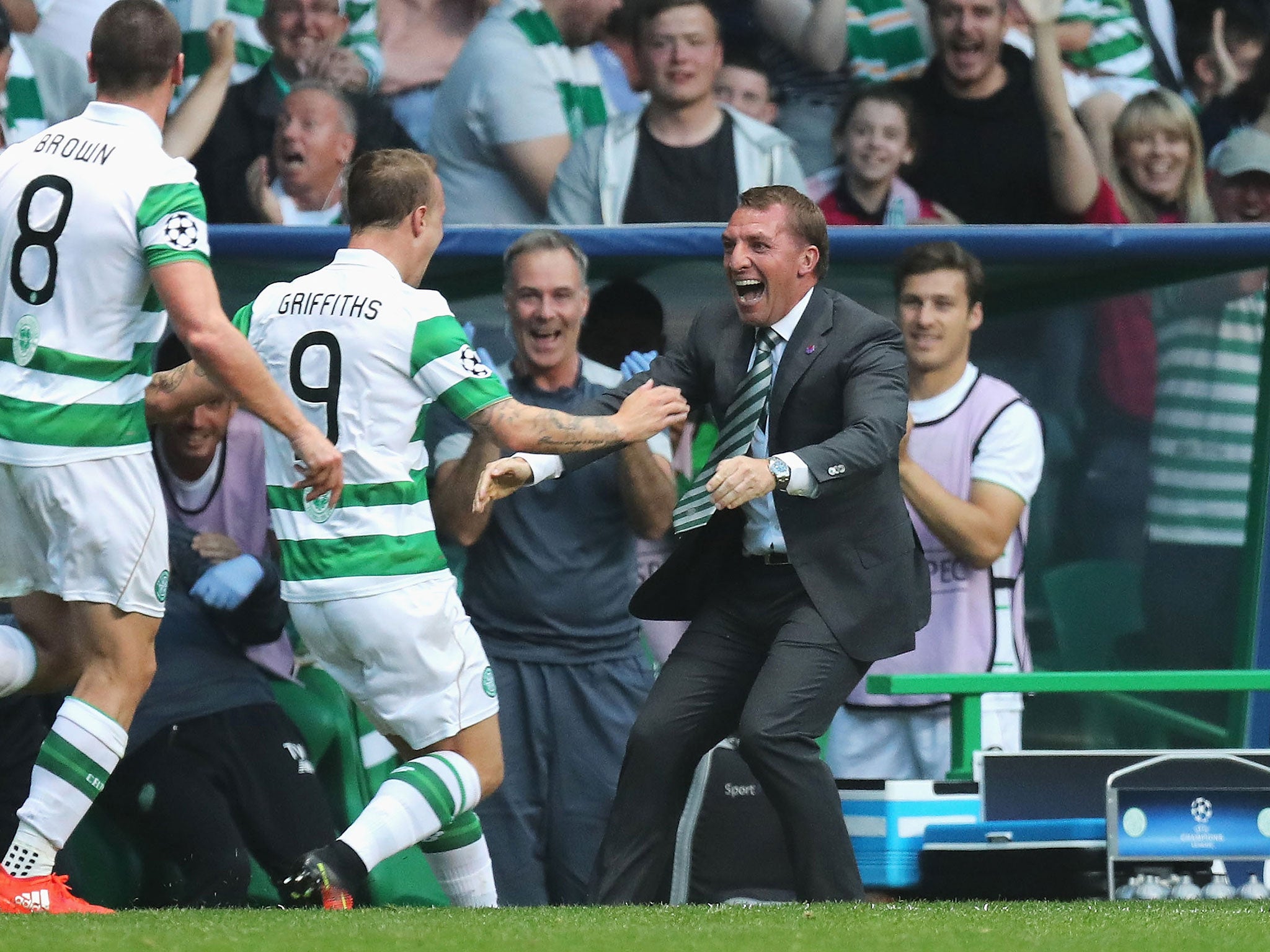 Griffiths celebrates with Rodgers on the touchline