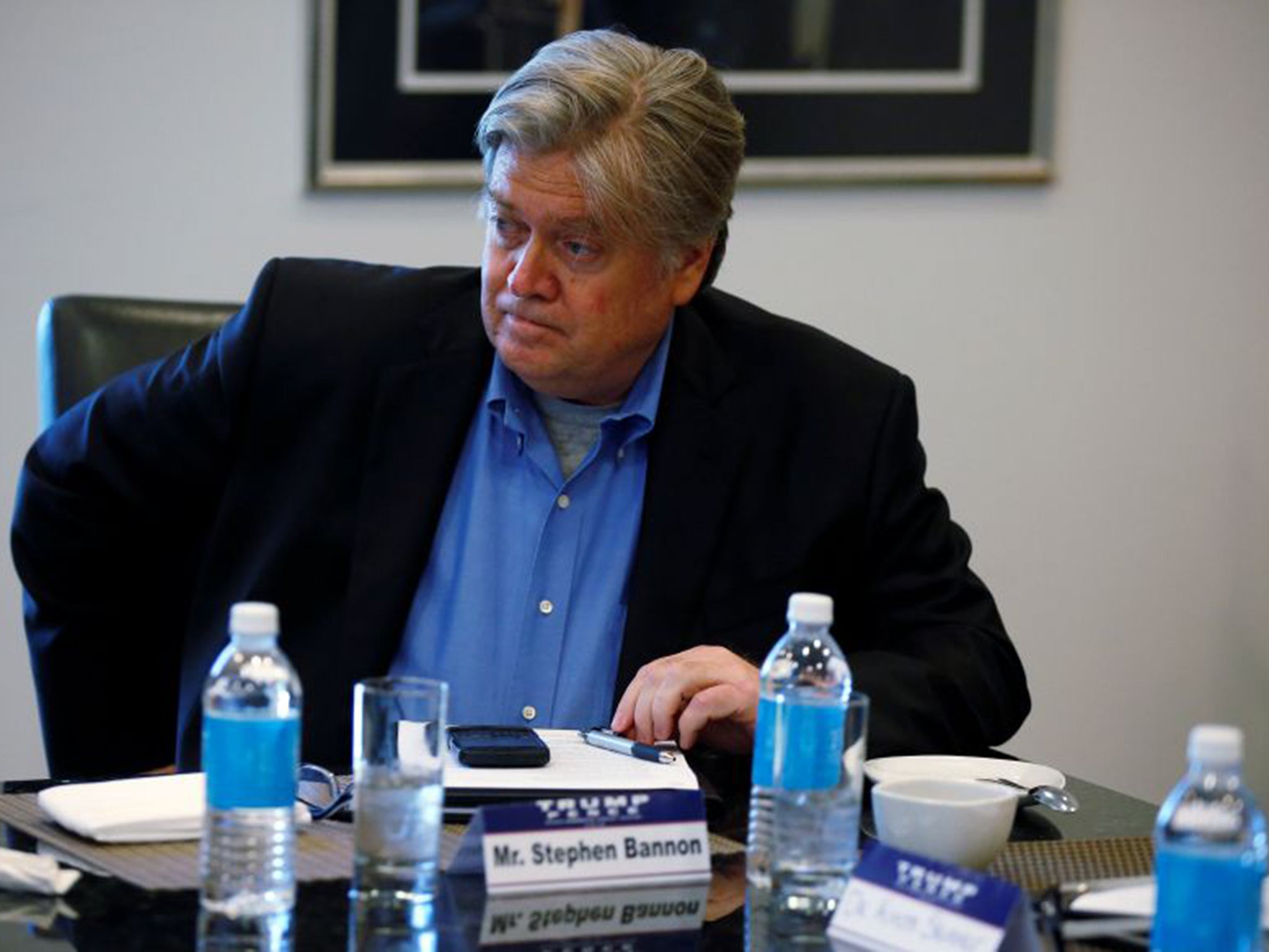 Stephen Bannon listens during Donald Trump's round table discussion yesterday on security at Trump Tower in Manhattan