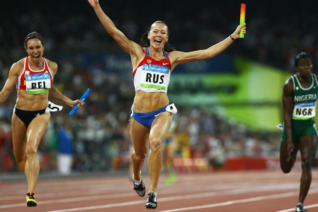 Yuliya Chermoshanskaya of Russia celebrates winning the Women's 4 x 100m Relay Final at the National Stadium on Day 14 of the Beijing 2008 Olympic Games on 22 August, 2008, in Beijing, China