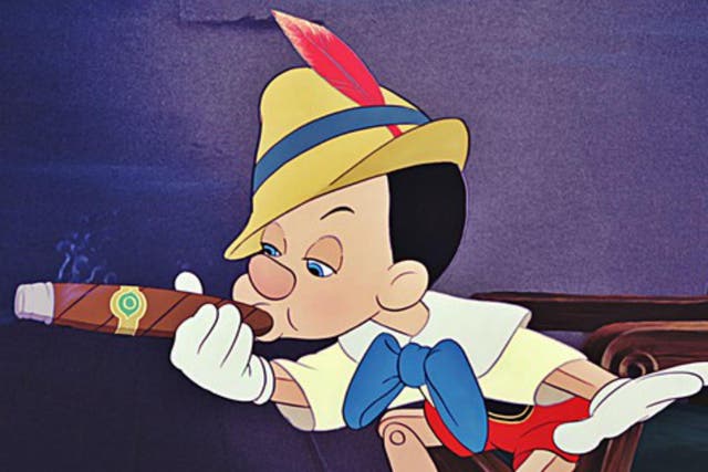 Pinocchio smokes a cigar in the 1940 animated movie