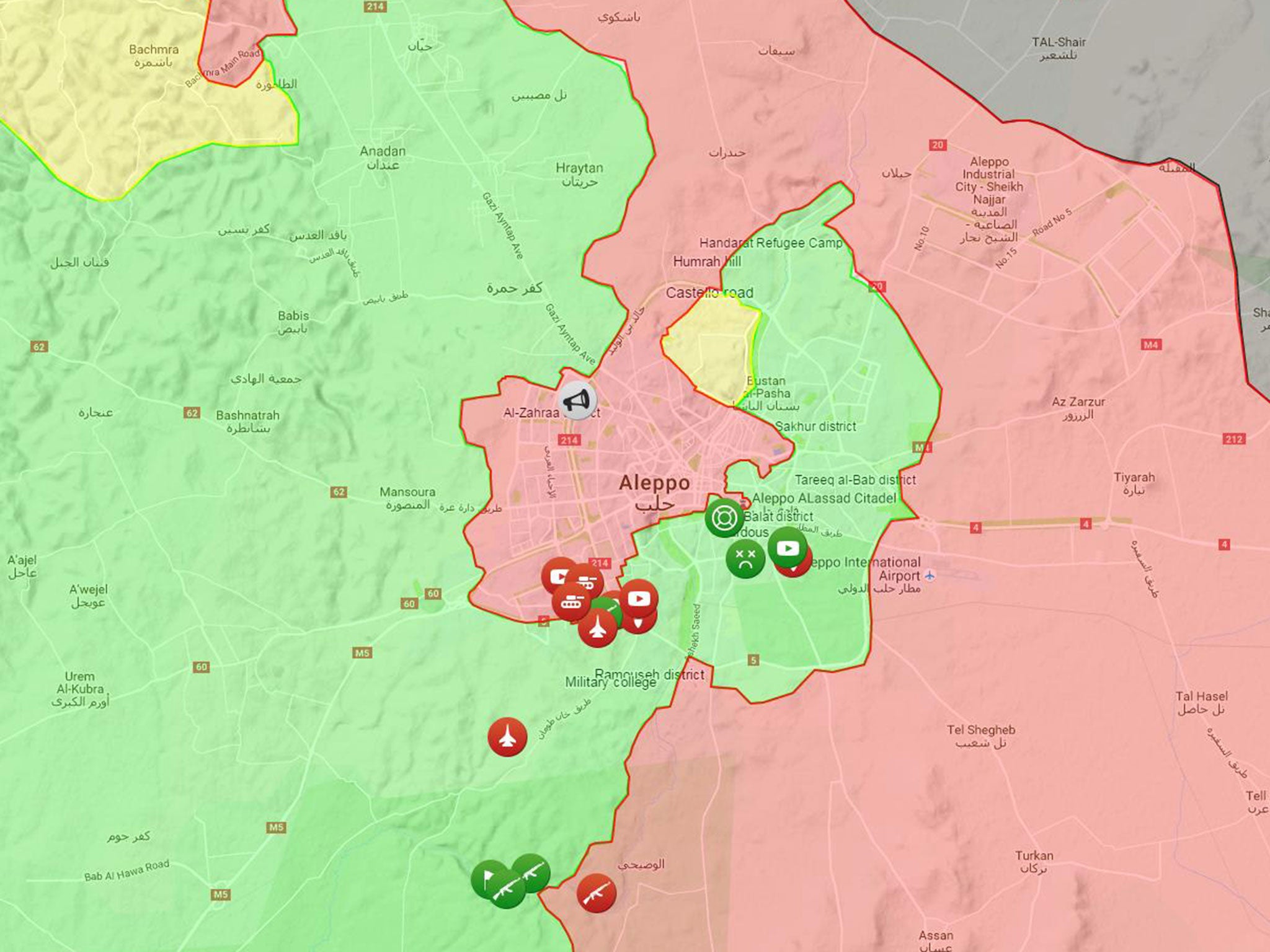 The situation in Aleppo on 18 August 2016, with rebel territory and attacks seen in green, regime in red and Kurdish in yellow
