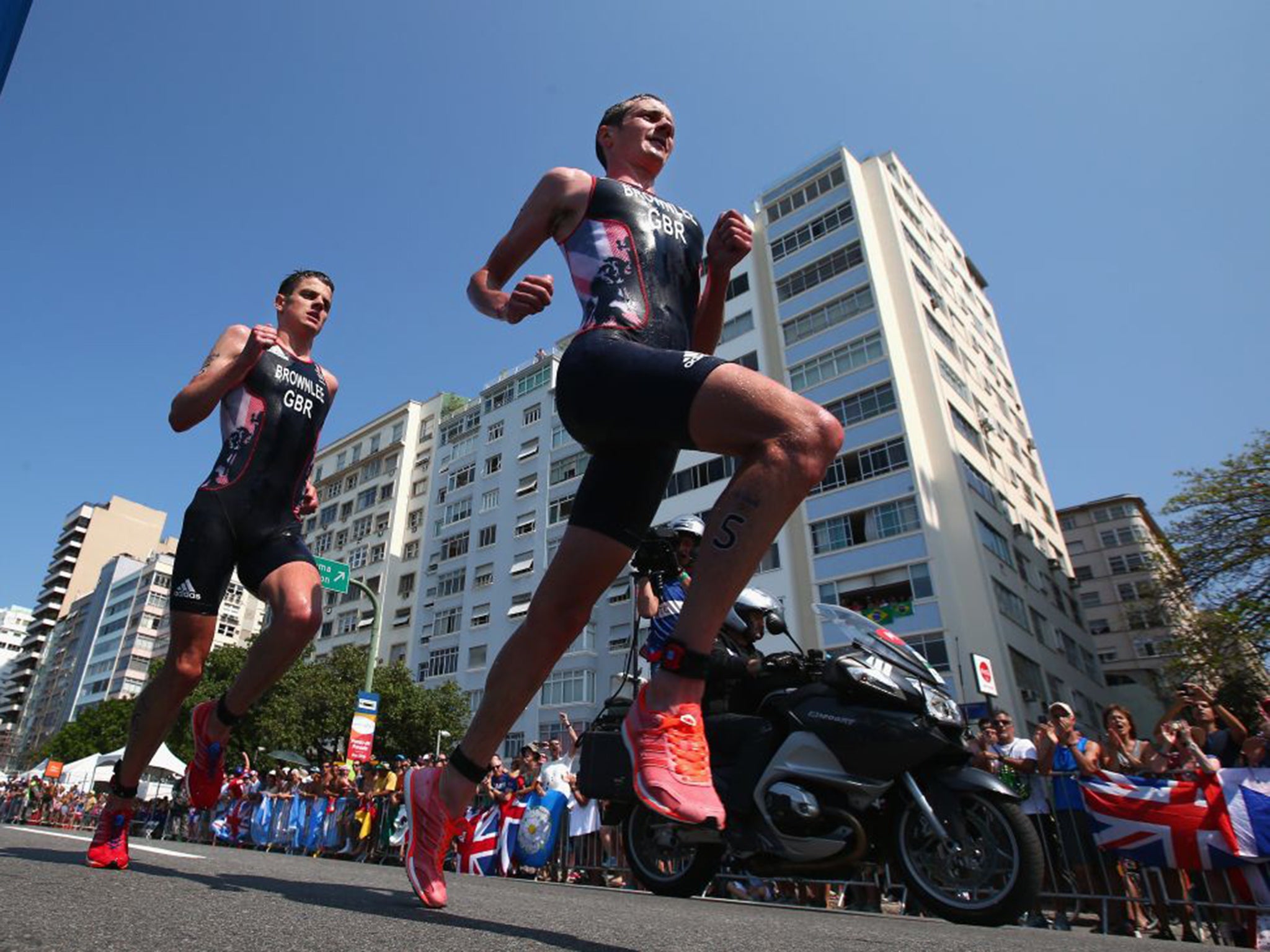 Jonny (left) and Alistair Brownlee running in the triathlon in Rio yesterday