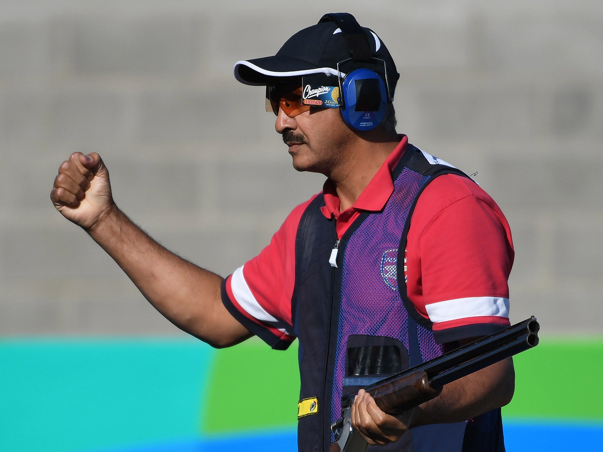 Abdullah al-Rashidi celebrates taking bronze in the men's skeet at Rio 2016