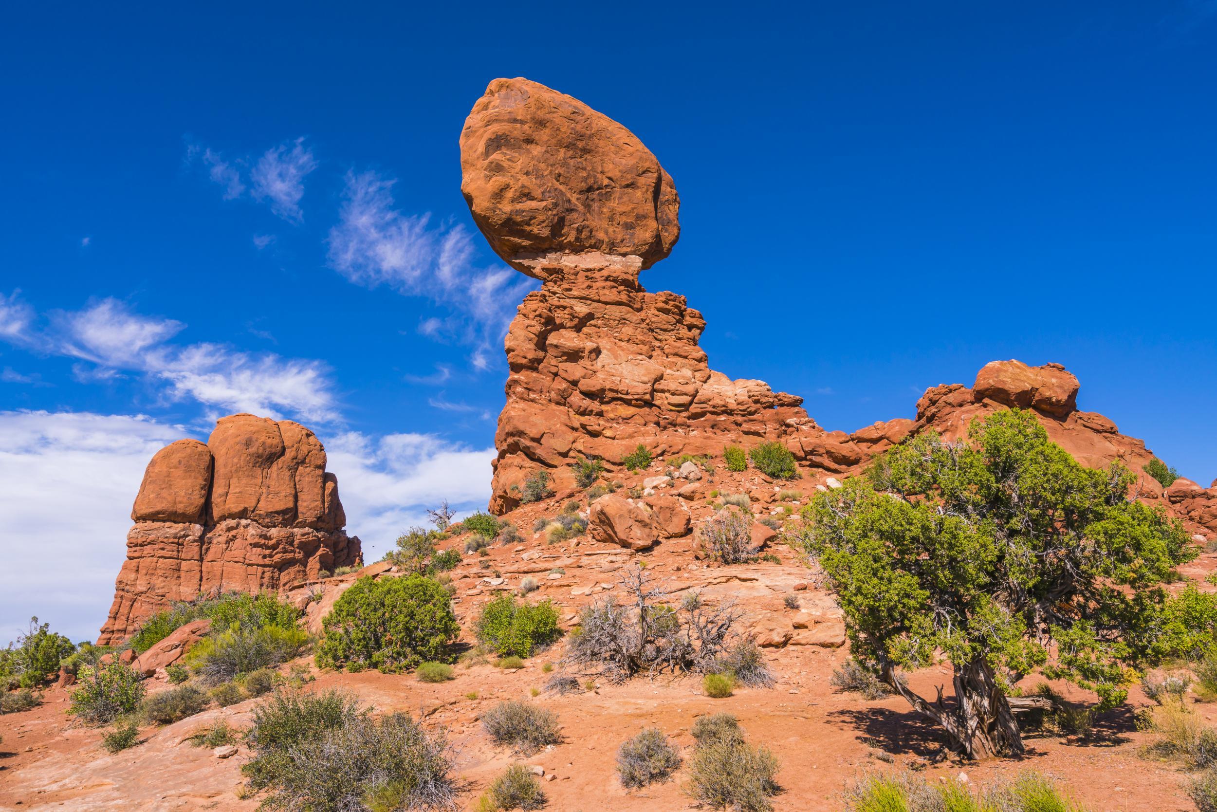 The precarious-looking Balanced Rock, a much-visited site in Arches National Park