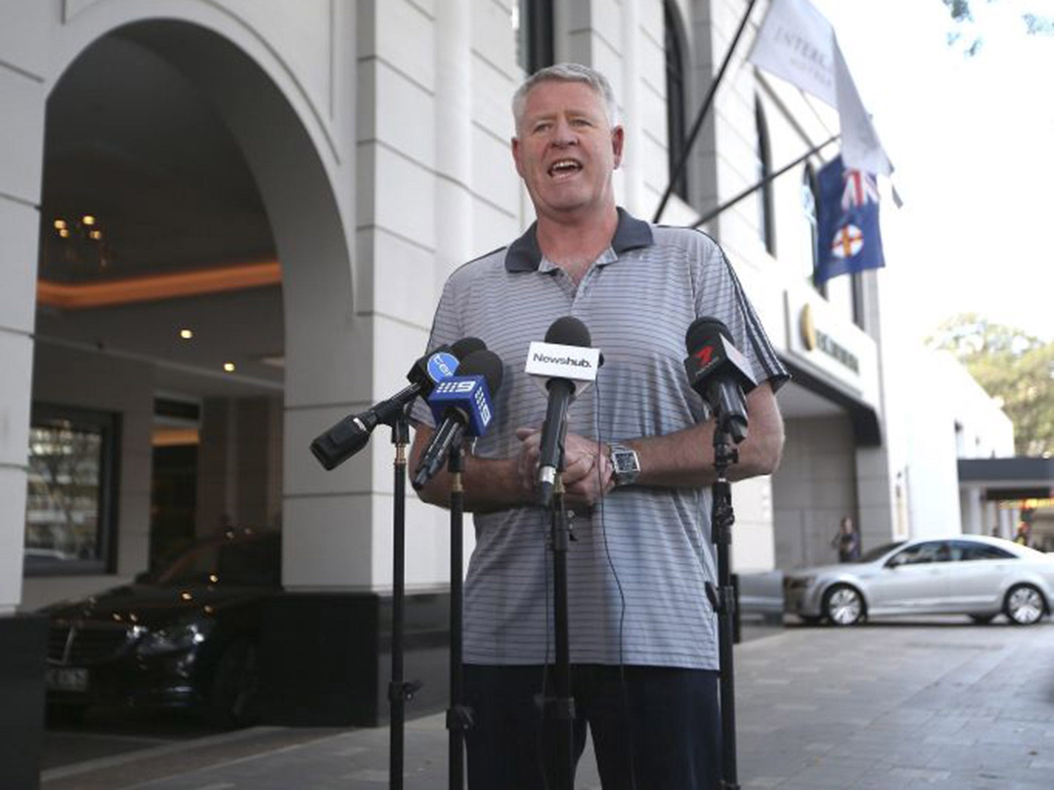 New Zealand Rugby Union CEO Steve Tew speaks to the media outside a hotel in Sydney